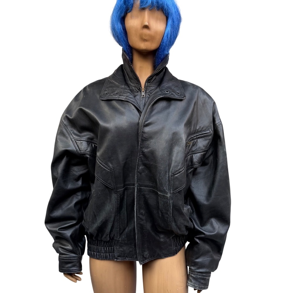 Vintage Massimo Leather Bomber Jacket Black Model Off Duty Grunge Indie Sleaze L